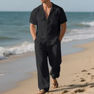 Conjunto de playa informal de lino negro para hombre con camisa de manga corta y pantalón