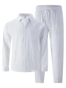 Men's casual white linen long-sleeve shirt and drawstring pants two-piece beach set