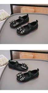 Eleganti scarpe Mary Jane nere per bambine con fiocco di perle e suole morbide