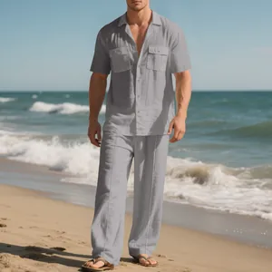 Conjunto casual de lino gris para hombre con camisa de manga corta y pantalón largo