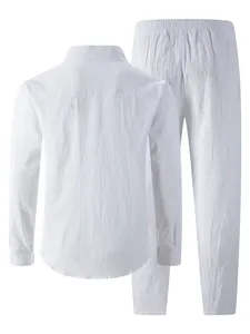 Back view of men's white linen long-sleeve shirt and matching breathable trousers set