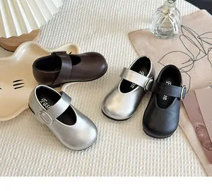 Classic girls' Mary Jane leather shoes shown in silver, black, and brown colors.