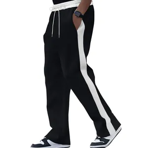 Side view of men's heavyweight black sweatpants featuring a bold white side stripe.