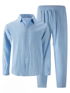 Detailed view of light blue linen blend men's casual beach set including shirt and pants