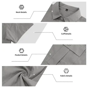 Vistas detalladas de camisa de lino gris para hombre que muestran cuello, puño y tela