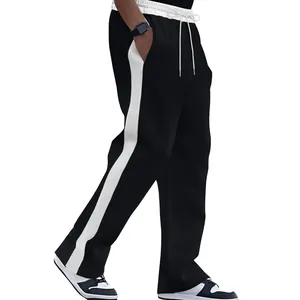 Side view of men's heavy terry sweatpants with black and white contrast side stripes