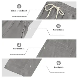 Detalles del pantalón de lino gris para hombre con cintura, bolsillos y bajo del pie.