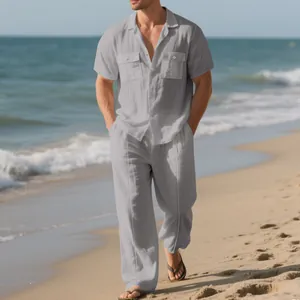 Conjunto de playa de lino gris para hombre con camisa de manga corta y pantalón