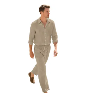 Casual men's tan linen beach suit with long sleeve shirt and loose breathable trousers