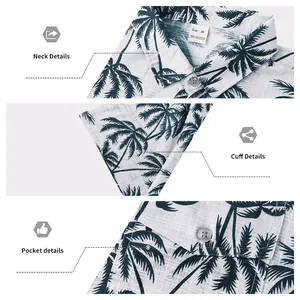 Detalles del cuello, puño y bolsillo de una camisa hawaiana de hombre con palmeras