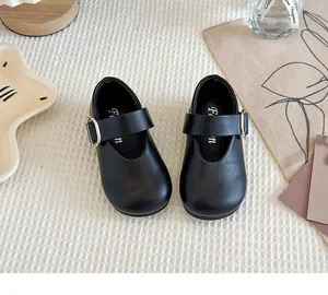 Elegant black children's Mary Jane leather shoes with stylish silver buckle straps