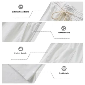 Detalles de pantalones de playa blancos para hombre con cintura, bolsillos y dobladillo