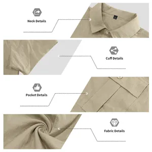 Detalle de camisa de lino para hombre que muestra cuello, puño, bolsillo y tejido