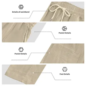 Vistas detalladas de los pantalones de lino sueltos para hombre con cintura y bolsillos.