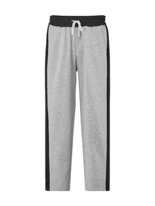 Full front view of men's gray and black contrast patchwork straight leg sweatpants