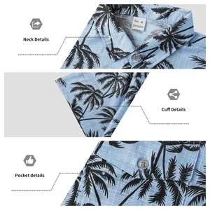 Vista detallada del cuello, puño y bolsillo de una camisa hawaiana azul con palmeras.
