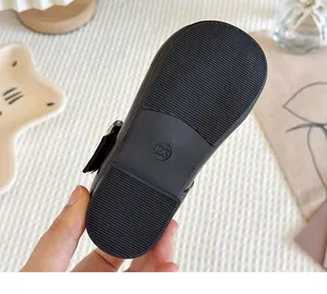 Close-up of the non-slip black rubber sole of a child's Mary Jane shoe
