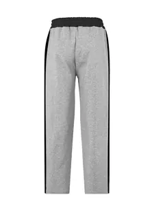 Front view of men's grey heavy fleece sweatpants featuring black contrast side stripes