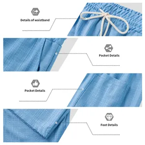 Detalles de pantalones casuales azul claro con textura, cintura y bolsillos