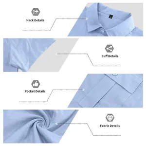 Vistas detalladas de camisa de lino azul claro: cuello, puño, bolsillo y tejido liso