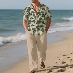 Conjunto de vacaciones para hombre: camisa hawaiana de palmeras y pantalón de lino