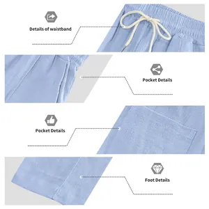 Primer plano de pantalones de lino con cintura con cordón, bolsillos y detalles del bajo.