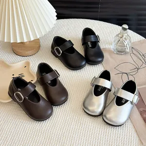 Kids Girls Mary Jane Leather Shoes Korean Style Fashion Princess Shoes Solid Color Anti-Slip Flat Shoes For Autumn Spring
