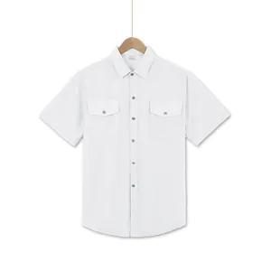 Men's white short-sleeved casual shirt featuring double chest pockets and lapel collar