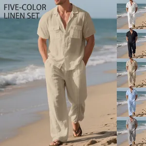 Conjunto de Dos Piezas para Hombre Camisa de Manga Corta de Lino y Pantalón Largo Verano Playa Vacaciones Color Sólido Top y Bottom