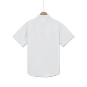 Back view of a men's white textured short-sleeved casual shirt on a wooden hanger