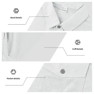 Detail views of white polyester short sleeve shirt showing neck, cuff, and pocket texture.