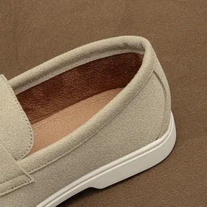 Close-up detail of beige suede men's loafer heel showing fine stitching and texture