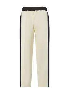 Front view of cream men's straight-leg sweatpants with contrasting black side stripes