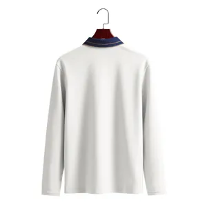 Back view of white men's long-sleeve pique polo shirt with navy striped collar