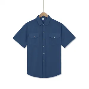 Men's blue short sleeve casual shirt with double chest pockets and turn-down collar