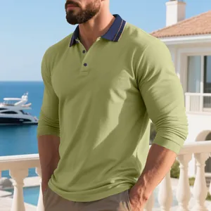 Men's long-sleeve piqué polo shirt with contrast collar shown in a lifestyle seaside setting.