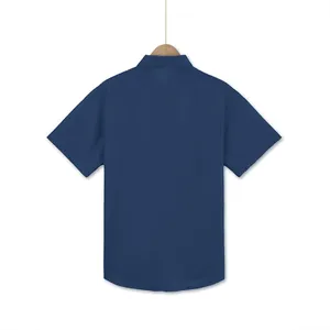 Back view of navy blue short-sleeved casual summer shirt with a subtle woven texture