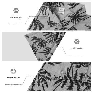 Detalles de camisa para hombre con estampado de cocoteros que muestra cuello, puños y bolsillo.