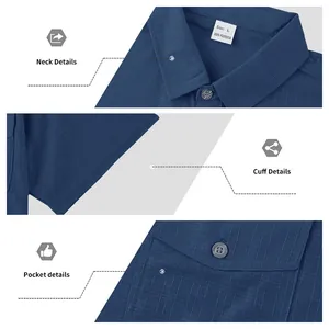 Close-up detail view of the neck, cuff, and pocket on a navy blue short sleeve shirt