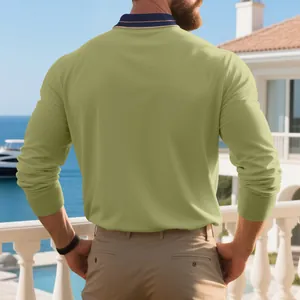 Rear view of men's long-sleeve sage green polo shirt featuring a color-block collar design