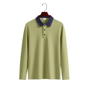 Men's classic olive green long-sleeved pique polo shirt with navy contrast collar