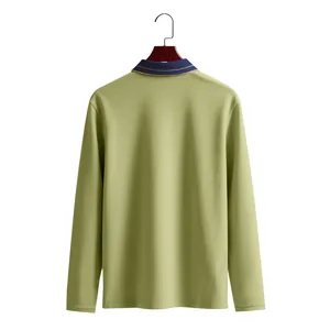 Back view of men's olive green long sleeve pique polo shirt with navy contrast collar