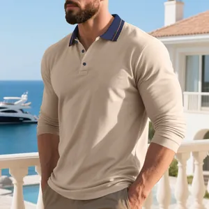 Close-up of men's beige long-sleeve polo shirt with a stylish navy contrast collar
