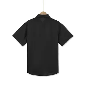 Back view of premium black textured short sleeve casual lapel shirt for men summer