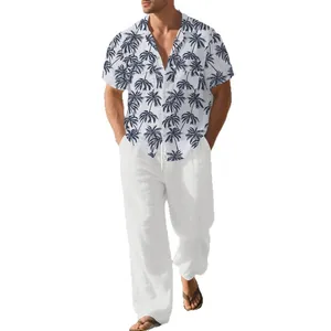 Conjunto de verano para hombre Hawaii con camisa de palmeras y pantalón blanco suelto