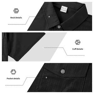 Detailed view of collar, cuffs, and pocket on men's black short-sleeve casual shirt