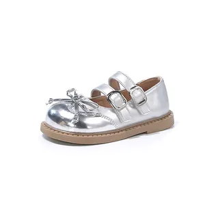 Stylish girls silver Mary Jane princess shoes with double buckles and bow detail.