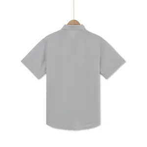 Back view of light grey waffle textured short sleeve men's resort shirt on wooden hanger