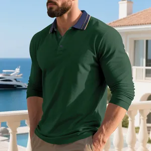 Detail view of a men's dark green piqué long sleeve polo shirt with contrast collar.
