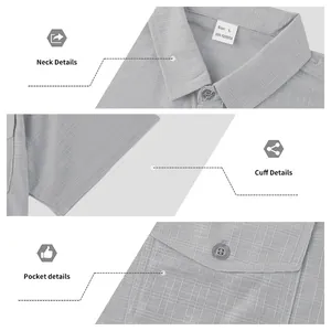 Close-up of neck, cuff and pocket details of men's grey checkered casual shirt